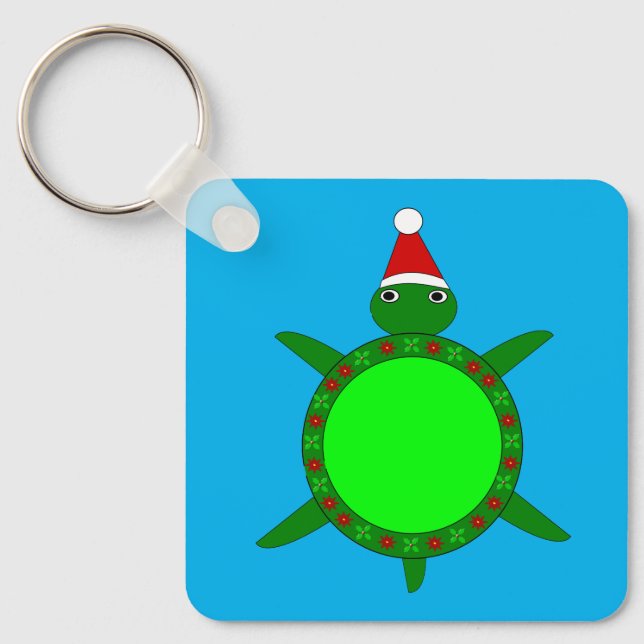 Cute Christmas Turtle with Flowery Shell Custom Key Ring (Front)