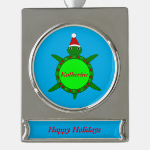 Cute Christmas Turtle with Flowery Shell Custom Silver Plated Banner Ornament