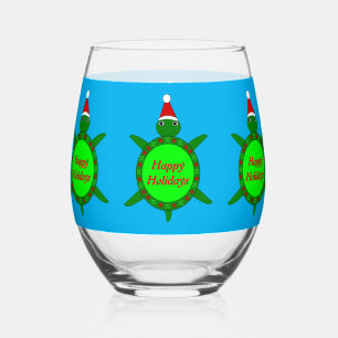 Cute Christmas Turtle with Flowery Shell Custom Stemless Wine Glass