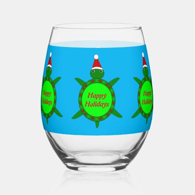 Cute Christmas Turtle with Flowery Shell Custom Stemless Wine Glass (Front)