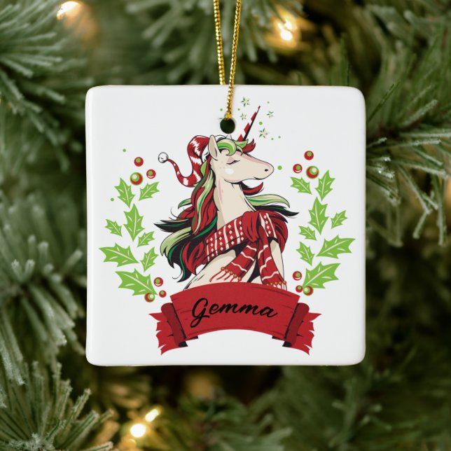 Cute Christmas Unicorn Custom Name      Ceramic Ornament (Tree)