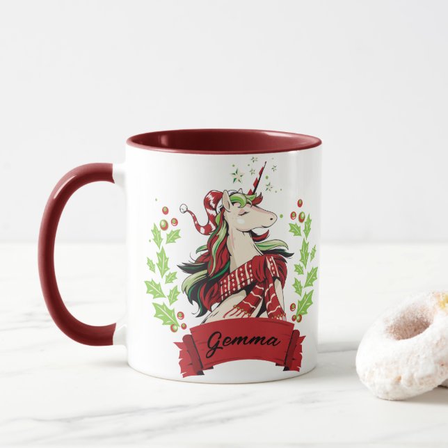 Cute Christmas Unicorn Custom Name      Mug (With Donut)