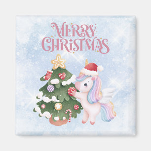 Cute Christmas Unicorn On Sparkle Blue Sky Magnet