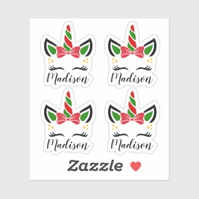 Cute Christmas Unicorn Stickers with Custom Name (Sheet)