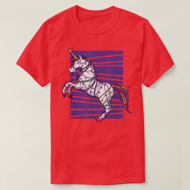 Cute Christmas Unicorn With Xmas Tree Lights Holid T-Shirt (Design Front)