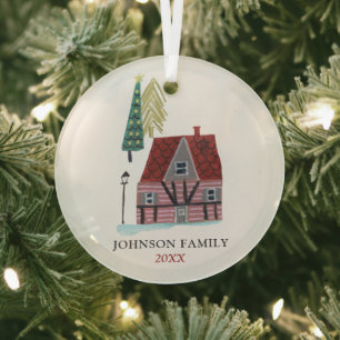 Cute Christmas Village Houses Personalised  Glass Tree Decoration