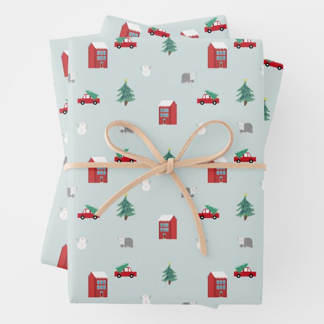 Cute Christmas Village Pattern Wrapping Paper Sheet (In situ)