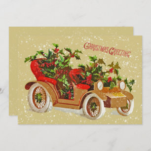 Cute Christmas Vintage Car Holly Snow Gold Invitation