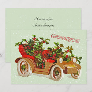 Cute Christmas Vintage Car Holly Snow Sage Invitation