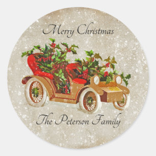 Cute Christmas Vintage Car with Holly Beige Kraft Classic Round Sticker