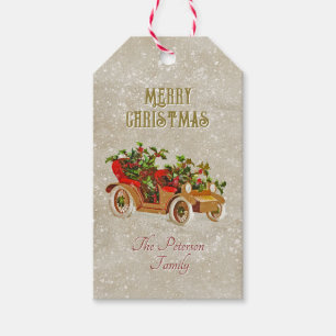 Cute Christmas Vintage Car with Holly Beige Kraft Gift Tags