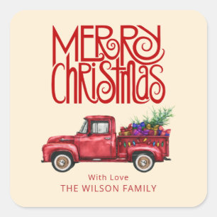 Cute Christmas Vintage Red Truck Holiday Tree Square Sticker