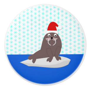 Cute Christmas Walrus and Snowflakes Ceramic Knob