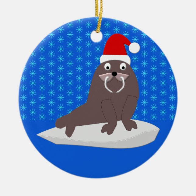 Cute Christmas Walrus and Snowflakes Custom Ceramic Tree Decoration (Front)
