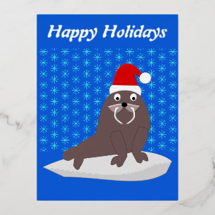 Cute Christmas Walrus and Snowflakes Custom Foil Holiday Postcard