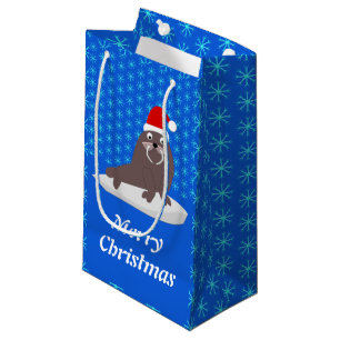 Cute Christmas Walrus and Snowflakes Custom Small Gift Bag
