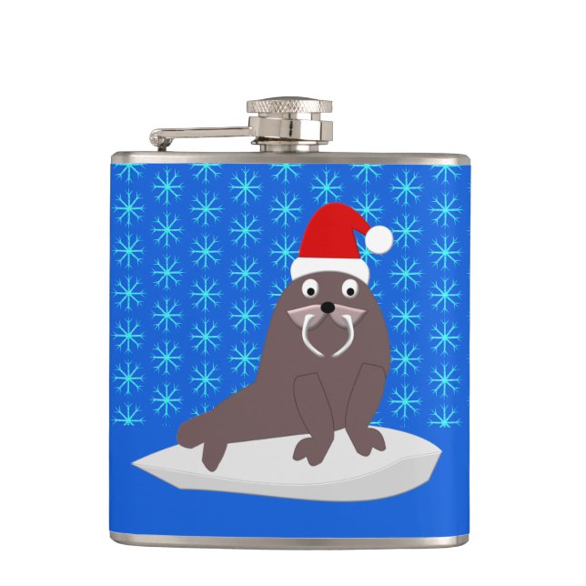 Cute Christmas Walrus and Snowflakes Hip Flask (Front)