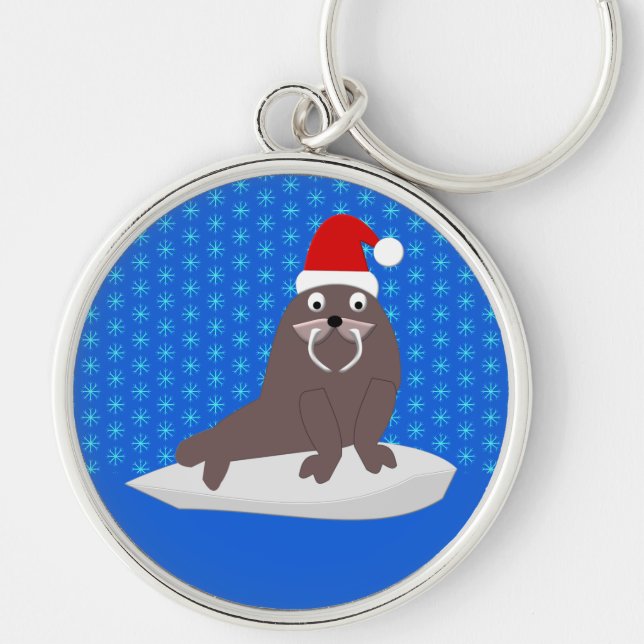 Cute Christmas Walrus and Snowflakes Key Ring (Front)