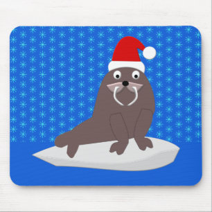 Cute Christmas Walrus and Snowflakes Mouse Pad