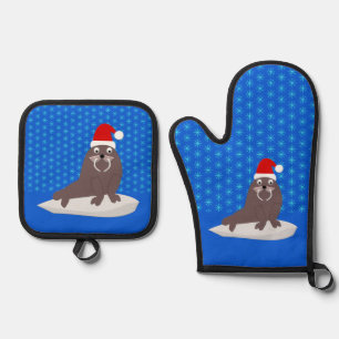 Cute Christmas Walrus and Snowflakes Oven Mitt & Pot Holder Set