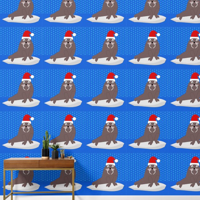 Cute Christmas Walrus and Snowflakes Patterned Wallpaper (Hallway)