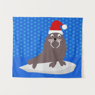 Cute Christmas Walrus and Snowflakes Tapestry