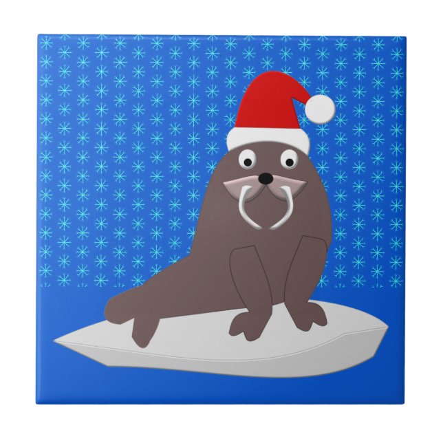 Cute Christmas Walrus and Snowflakes Tile (Front)