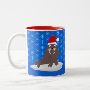 Cute Christmas Walrus and Snowflakes Two-Tone Coffee Mug