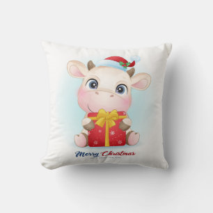 Cute Christmas Watercolor Cow Nursery Cushion