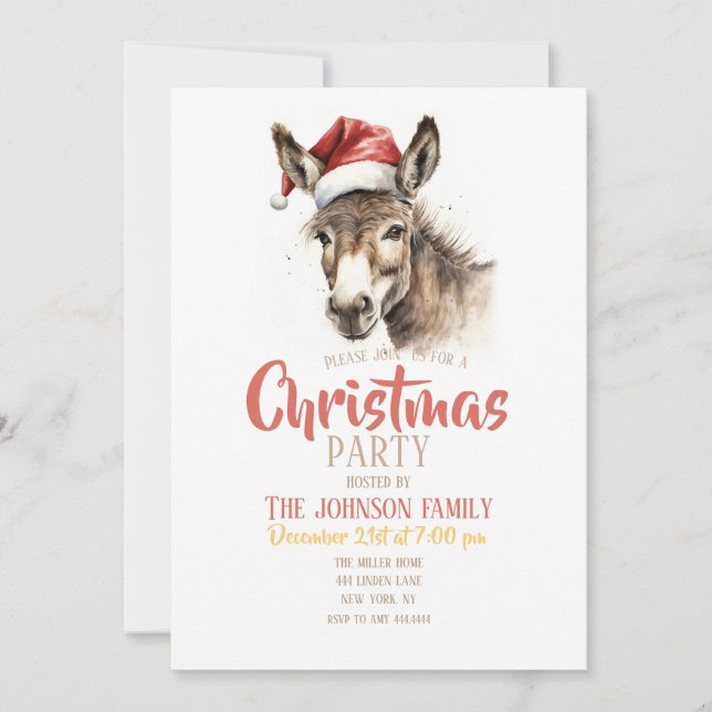 Cute Christmas Watercolor Donkey Invitation (Front)