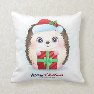 Cute Christmas Watercolor Hedgehog Nursery Cushion