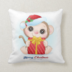 Cute Christmas Watercolor Monkey Nursery Cushion