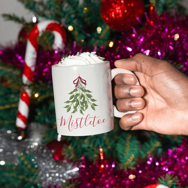 Cute Christmas Whimsical Mistletoe Watercolor  Coffee Mug (Christmas cute merry mistletoe holiday custom mug)