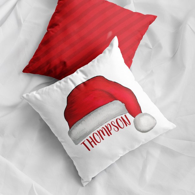 Cute Christmas Whimsical Santa Claus Holiday Cushion (Personalized Santa hat Christmas pillow with custom family name festive holiday home decor accent.)