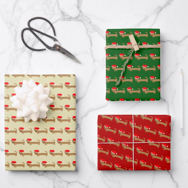 Cute Christmas Wiener Dog Cartoon Red Green Wrapping Paper Sheet (Front)