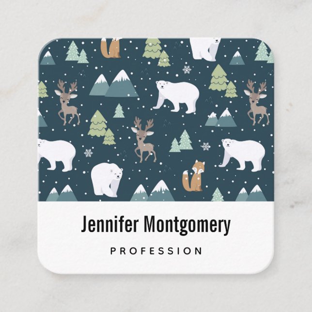 Cute Christmas Winter Animals Pattern Square Business Card (Front)