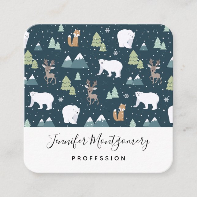 Cute Christmas Winter Animals Pattern Square Business Card (Front)