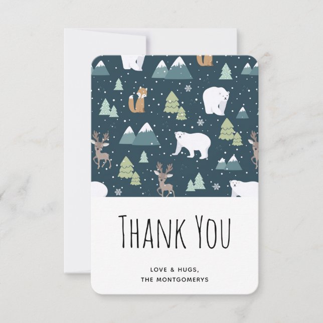 Cute Christmas Winter Animals Pattern Thank You Card (Front)