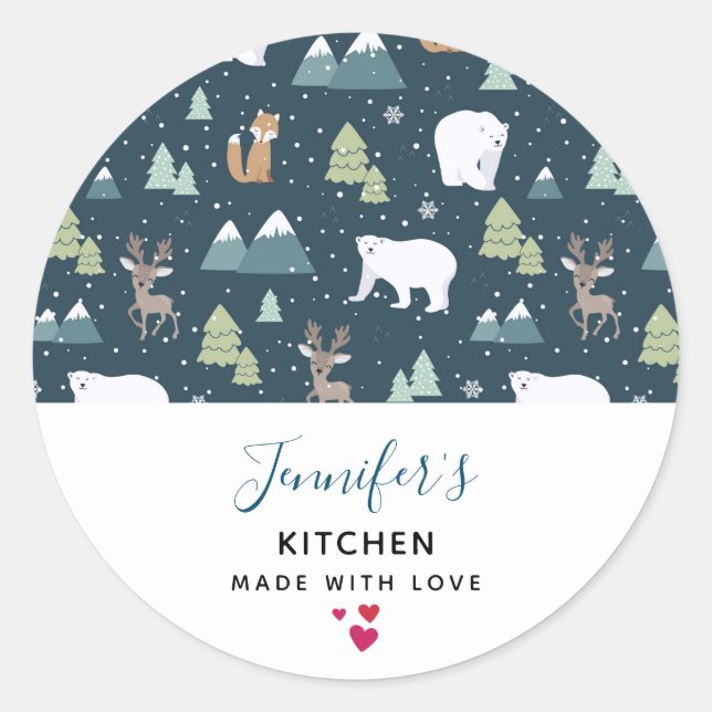 Cute Christmas Winter Animals Rustic Kitchen Classic Round Sticker (Front)