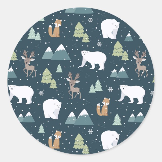 Cute Christmas Winter Animals Rustic Pattern Classic Round Sticker (Front)