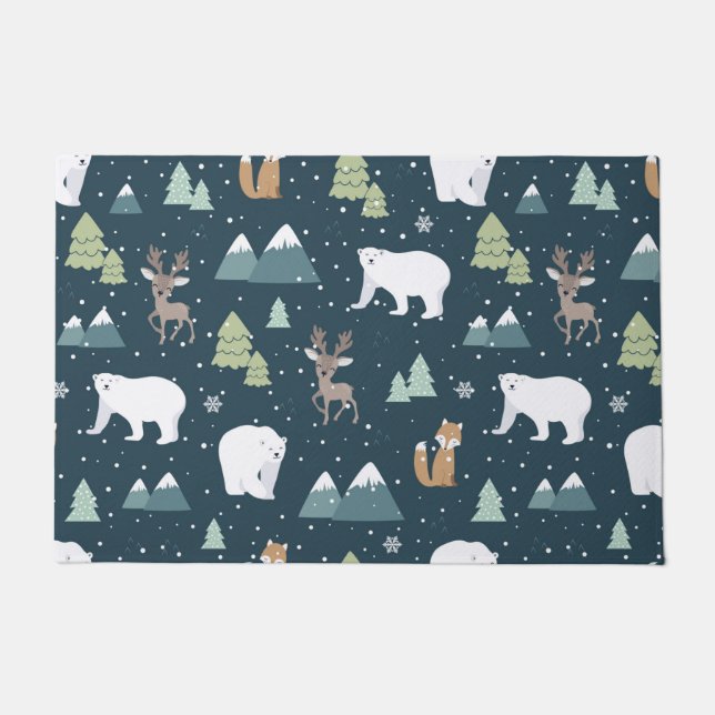 Cute Christmas Winter Animals Rustic Pattern Doormat (Front)