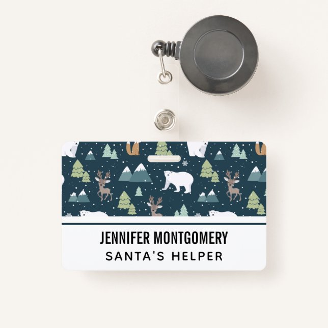Cute Christmas Winter Animals Rustic Pattern ID Badge (Front with Retractable)