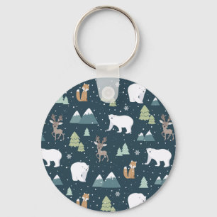 Cute Christmas Winter Animals Rustic Pattern Key Ring
