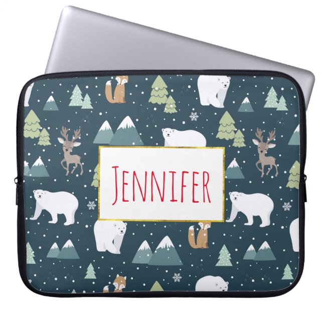 Cute Christmas Winter Animals Rustic Pattern Laptop Sleeve (Front)