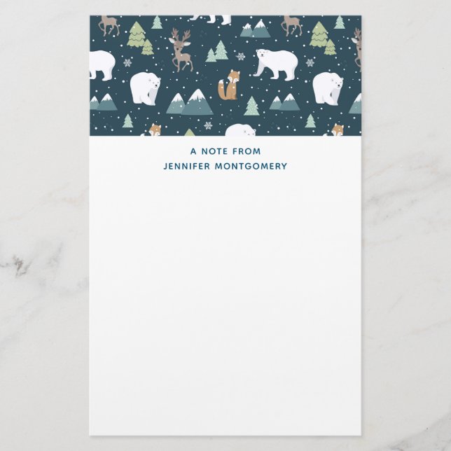 Cute Christmas Winter Animals Rustic Pattern Stationery (Front)