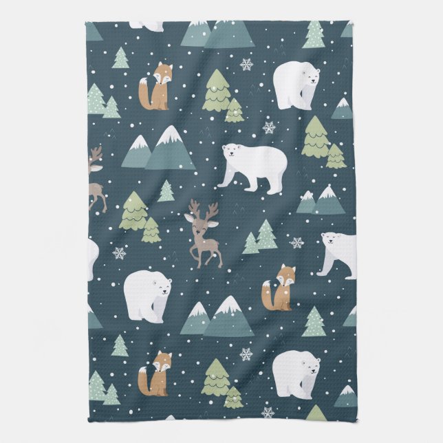 Cute Christmas Winter Animals Rustic Pattern Tea Towel (Vertical)