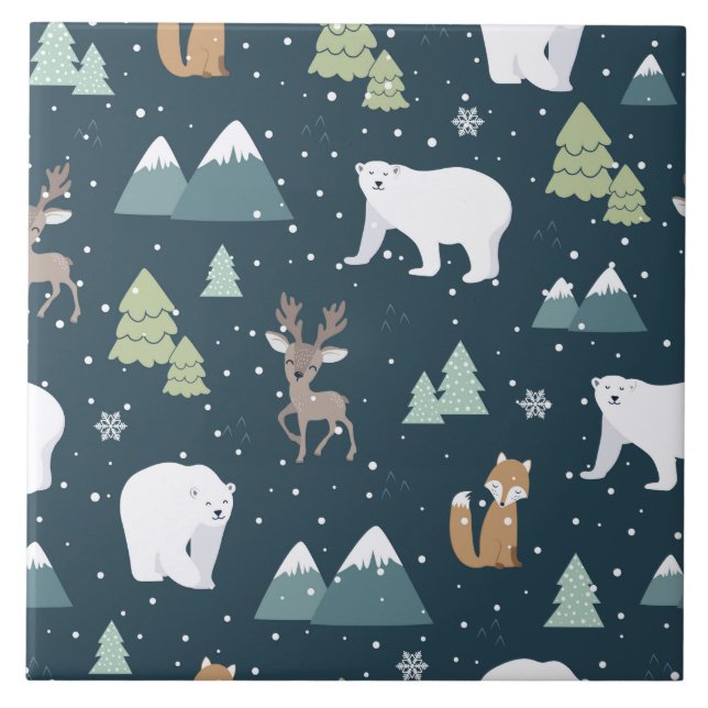 Cute Christmas Winter Animals Rustic Pattern Tile (Front)