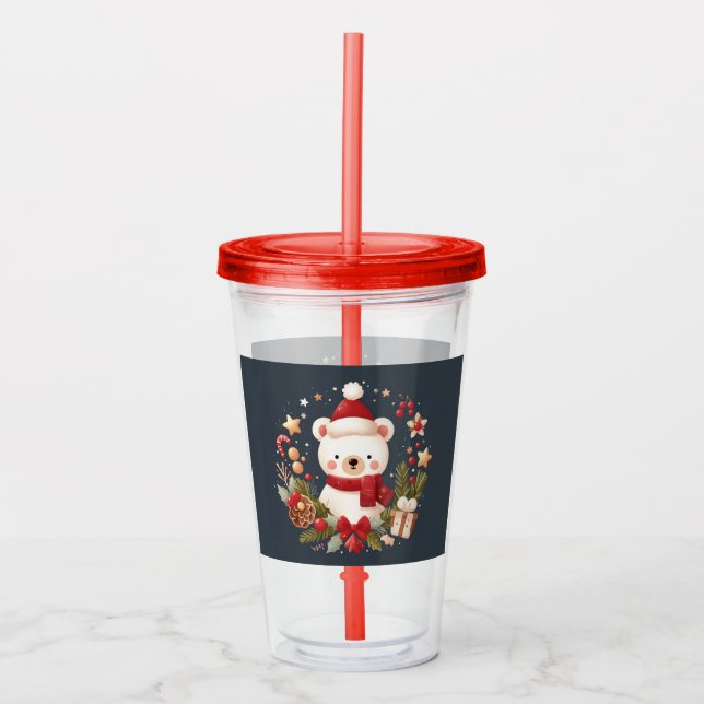Cute Christmas/Winter bear in wreath Acrylic Tumbler (Front)