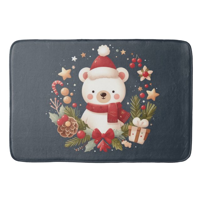 Cute Christmas/Winter bear in wreath Bath Mat (Front)