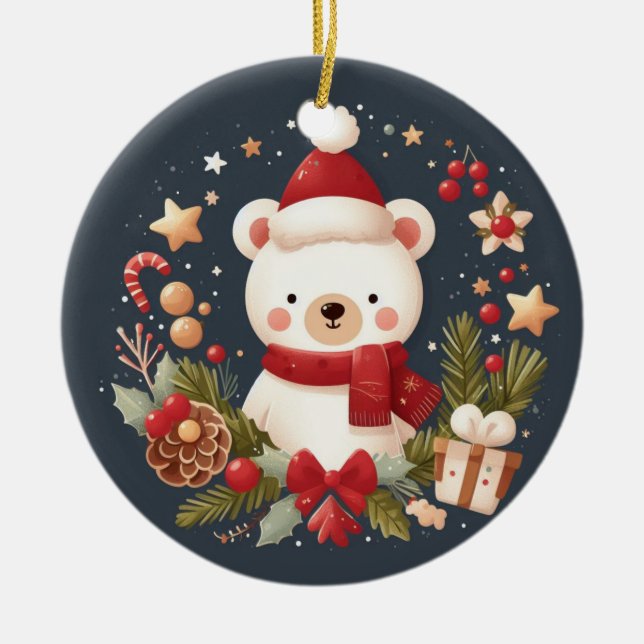 Cute Christmas/Winter bear in wreath Ceramic Tree Decoration (Front)